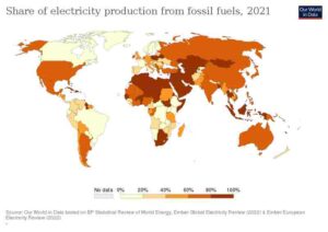 Advantages of Non Renewable Energy: Map Showing Global Share of Fossil Fuels in Electricity Generation as of 2021(Credit: Hannah Ritchie and Max Roser 2020 .CC BY-SA 4.0.)