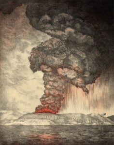 Causes of Noise Pollution: (Diagrammatic Illustration of) The Krakatao Hazard as the Loudest Recorded Volcanic Eruption in History as of 2023 (Credit: Lithograph: Parker & Coward, Britain; 1888)
