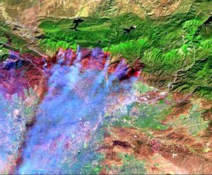 Sources of Infrared Radiation: IR Thermographic Image of 2003 Grand Prix Fire Incident in San Bernardino Mountains, Los Angeles, CA. The Image is a Classic Example of Infrared Fire Detection, where the Fire is Observed as a Bright Reddish Line in the Northern Part of the Vegetation Background

(Credit: Advanced Spaceborne Thermal Emission and Reflection Radiometer (ASTER) 2003)